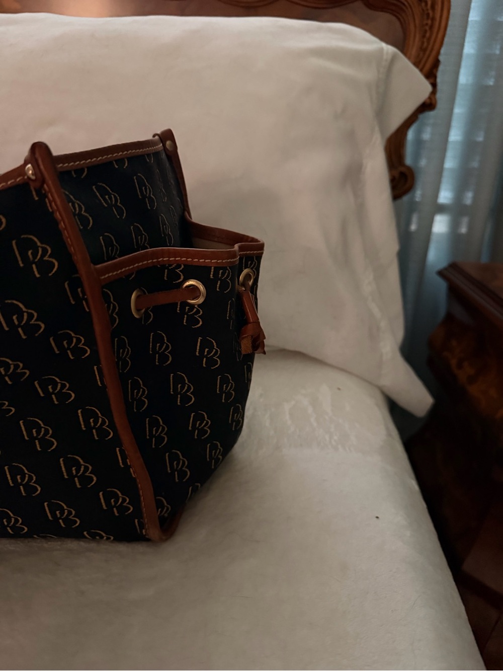 Dooney & Bourke Navy Signature Tote with Brown Leather Trim - Picture 2 of 5